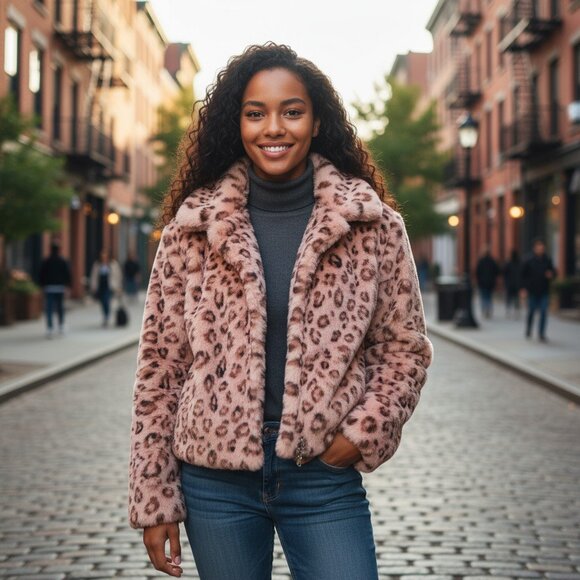 Oiley Pink Leopard Fur Cropped Jacket Woman's XLarge - Picture 1 of 7